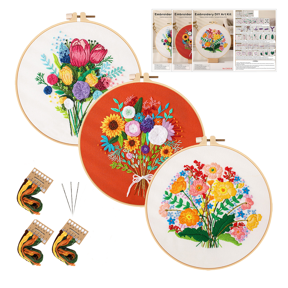 [ SET ] Embroidery Beginner Kit with Threads Tools | Embroidery Stitching Kit  Flowers Plants Animal