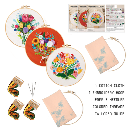 [ SET ] Embroidery Beginner Kit with Threads Tools | Embroidery Stitching Kit  Flowers Plants Animal