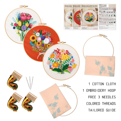 [ SET ] Embroidery Beginner Kit with Threads Tools | Embroidery Stitching Kit  Flowers Plants Animal