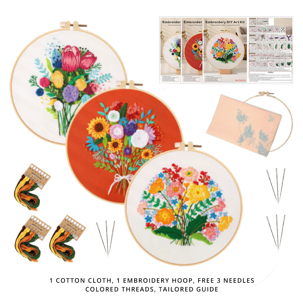 [ SET ] Embroidery Beginner Kit with Threads Tools | Embroidery Stitching Kit  Flowers Plants Animal