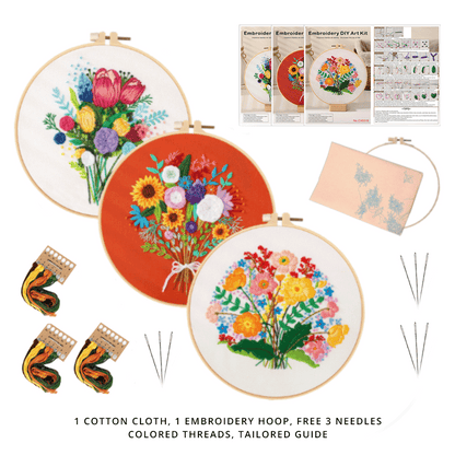 [ SET ] Embroidery Beginner Kit with Threads Tools | Embroidery Stitching Kit  Flowers Plants Animal