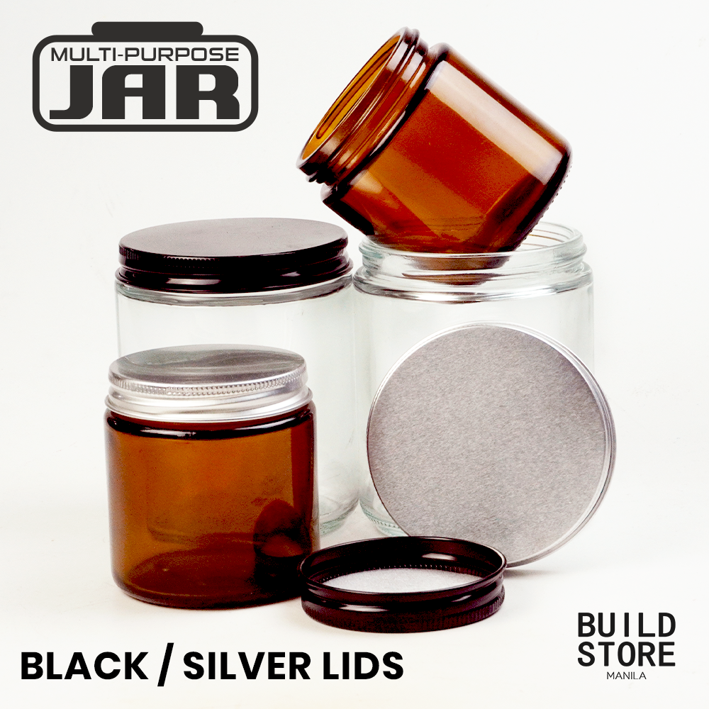 Clear or Amber Glass Jar Container for Candle Making DIY Art Jar with Black Silver Metal Lid Cosmetic