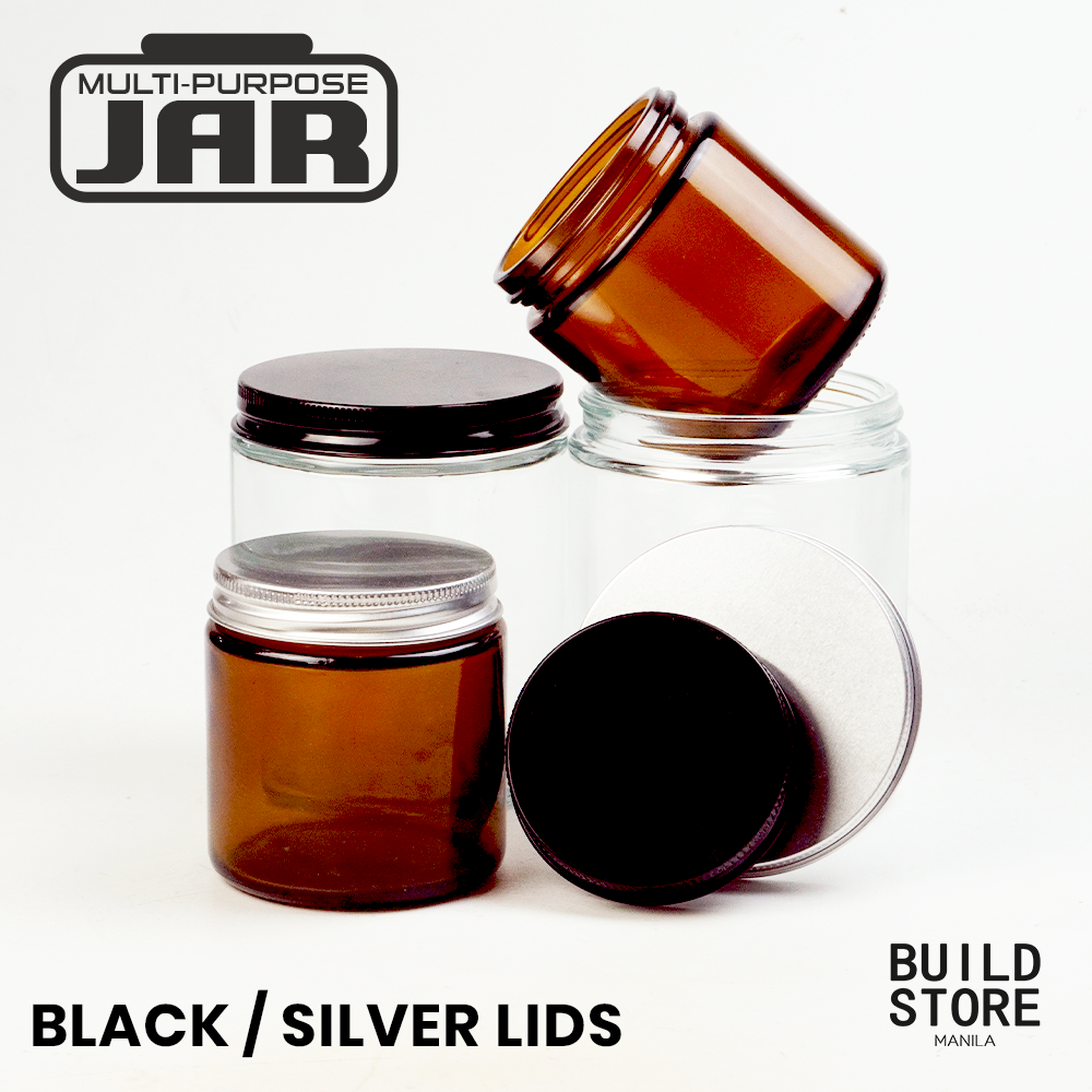 Clear or Amber Glass Jar Container for Candle Making DIY Art Jar with Black Silver Metal Lid Cosmetic