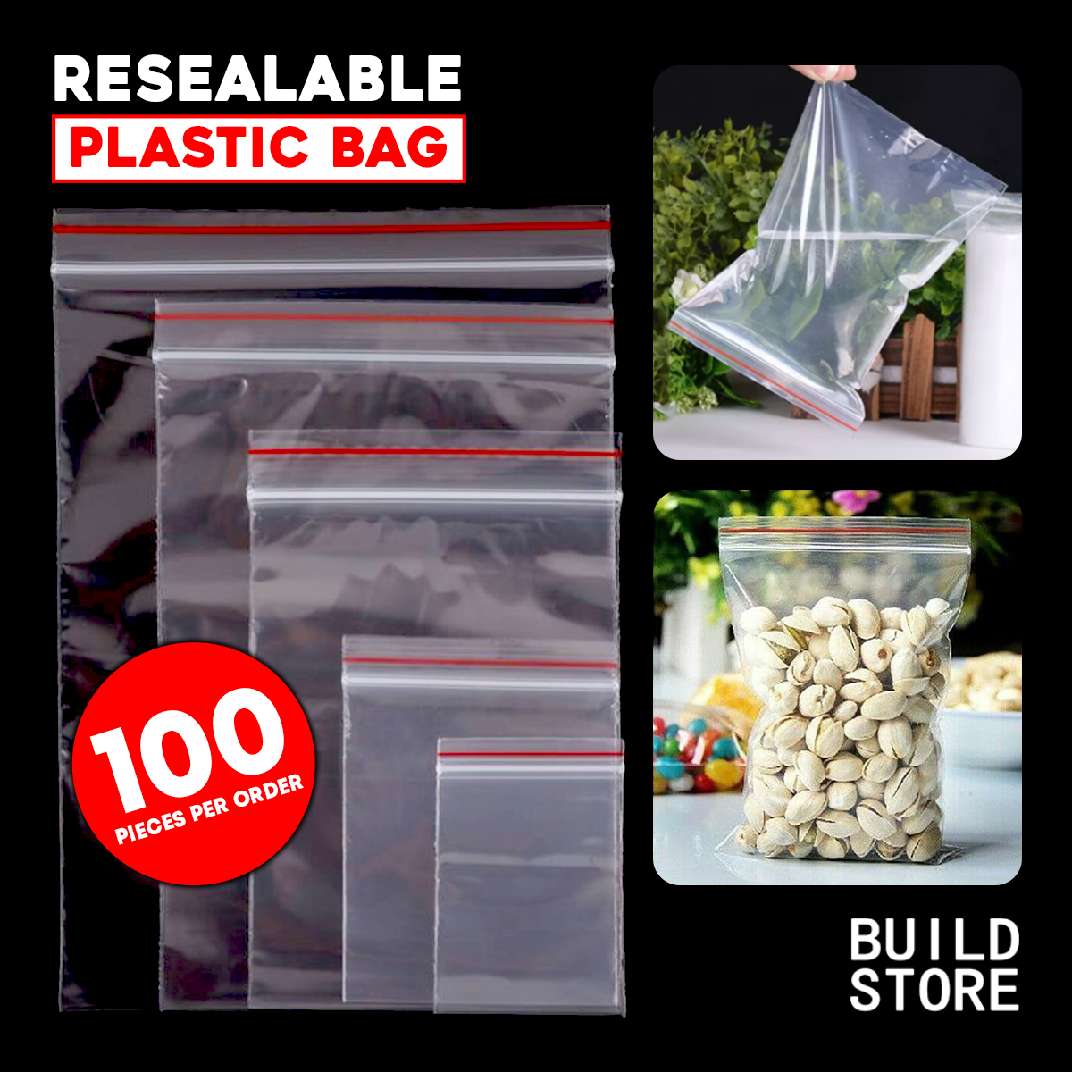 100 Pcs Resealable Zip Lock Bag