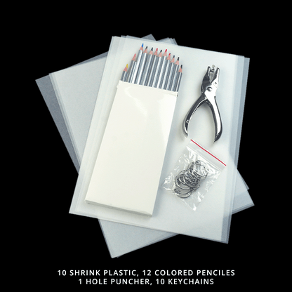 Heat Shrink Paper Plastic Kit with Colored Pencils, Keychain Accessories, and Hole Punch