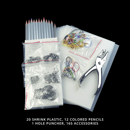 Heat Shrink Paper Plastic Kit with Colored Pencils, Keychain Accessories, and Hole Punch